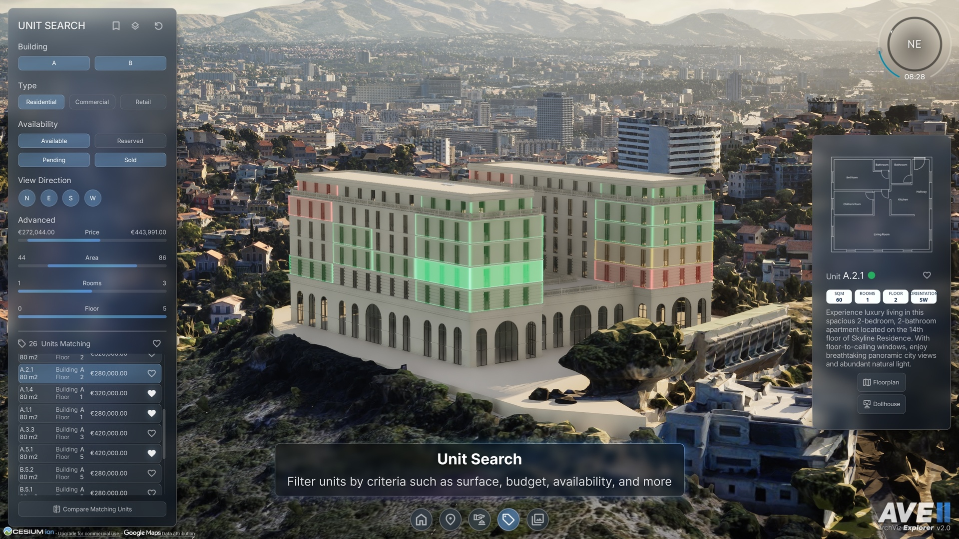 AVE II ArchViz Explorer unit search interface showing an interactive estate